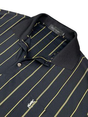 Yves Saint Laurent Men's 100% Silk Pocket Polo Shirt Black/Yellow Stripe • 2XL